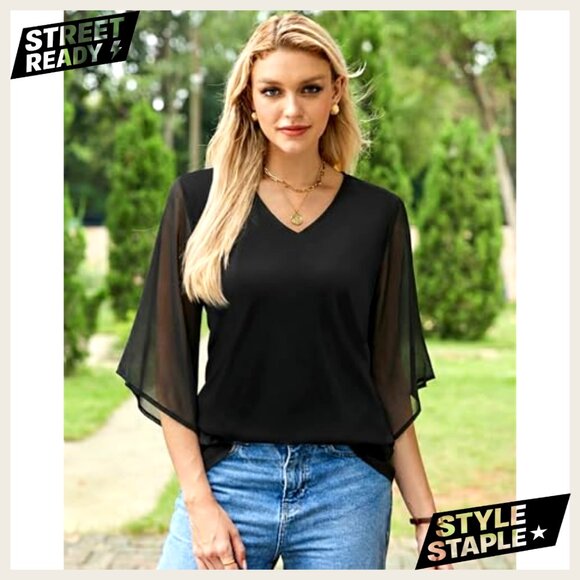 3/4 Sleeve V-Neck Chiffon Blouse Double Layer Casual Dressy Top - Picture 3 of 7